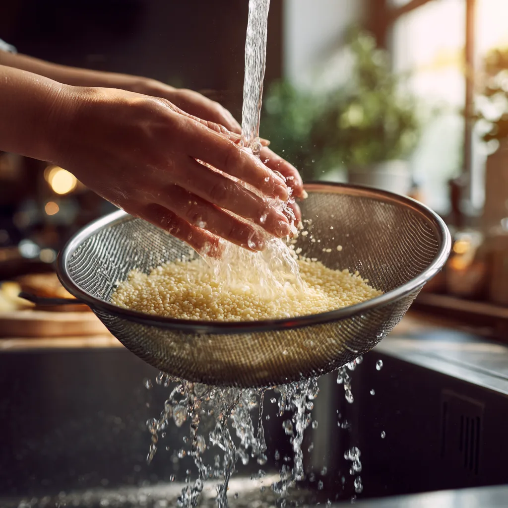 Rinçage du quinoa sous l'eau pour préparer la salade quinoa avocat