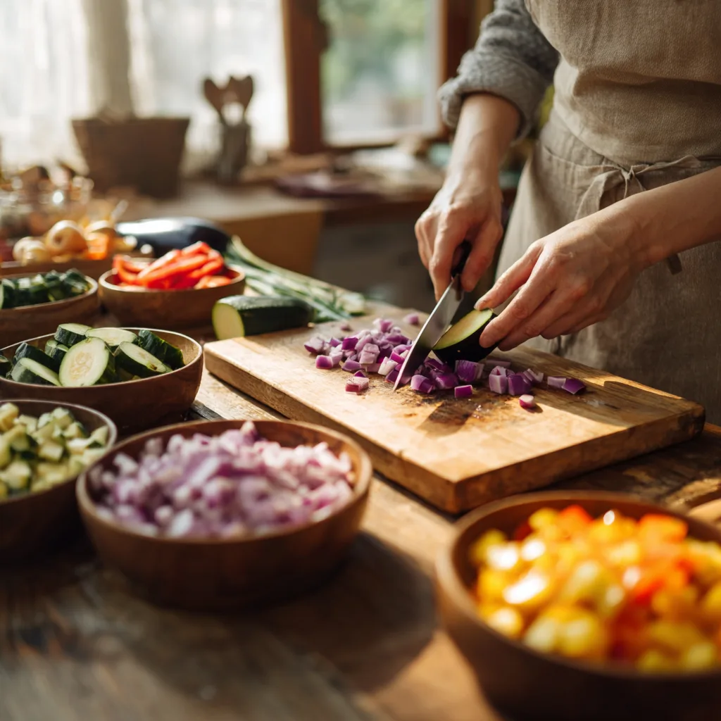 Préparation ratatouille provençale maison découpe légumes en dés