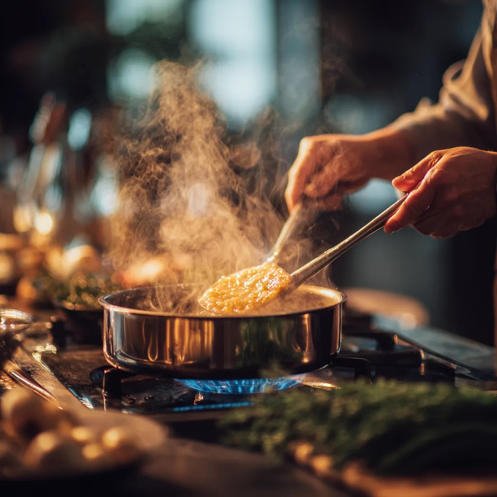 Préparation de la réduction pour sauce béarnaise maison dans une casserole, étape de la recette steak frites sauce béarnaise