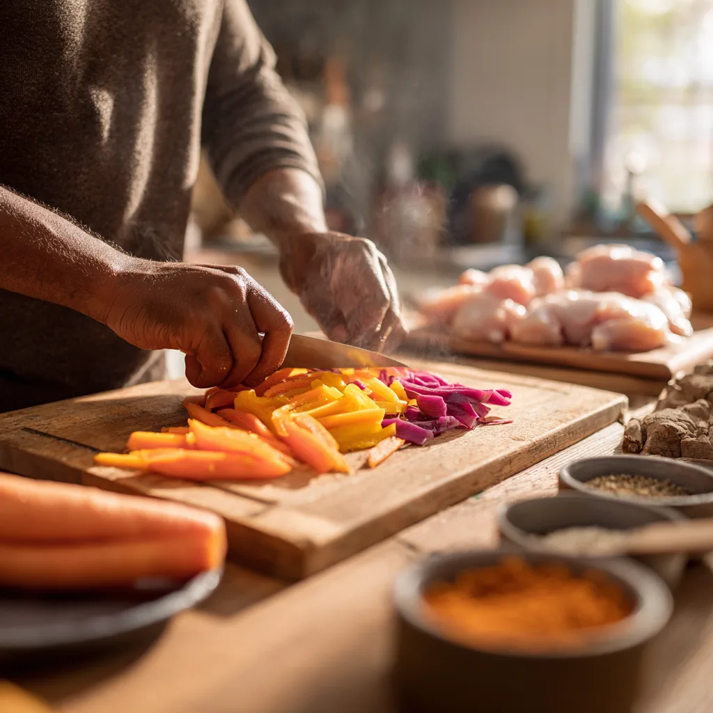 Préparation riz aux légumes et poulet découpe légumes cuisine