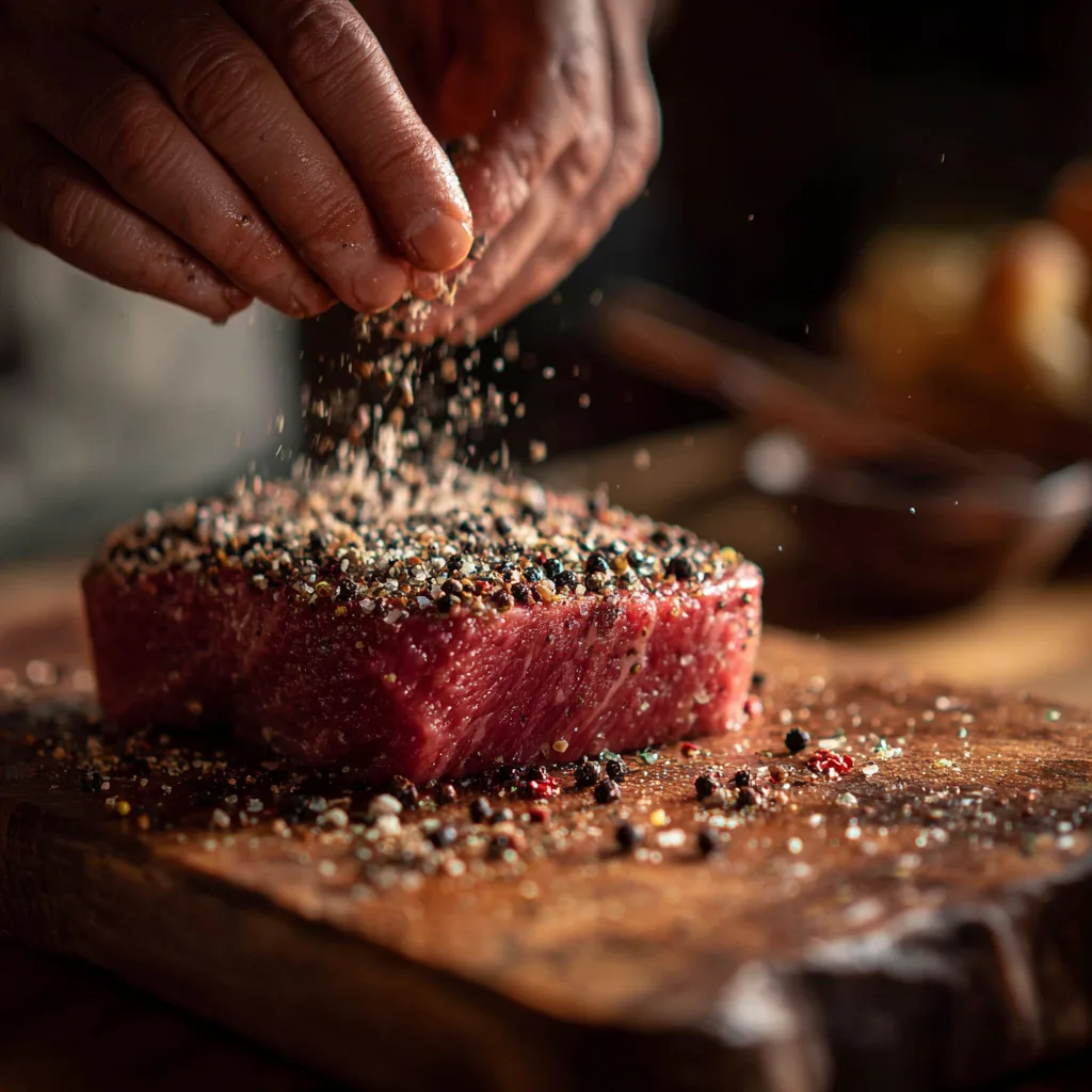 Préparation du steak de bœuf au poivre : presser le poivre concassé sur la viande