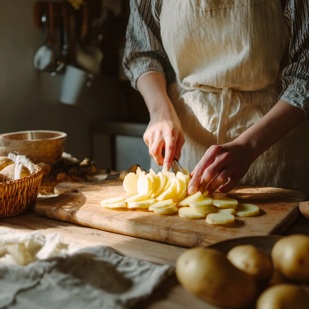 Préparation de la tartiflette au Reblochon : découpe des pommes de terre en rondelles