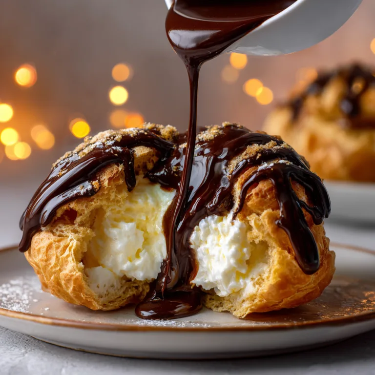 Gros plan d'une profiterole au chocolat coupée révélant sa garniture de glace vanille