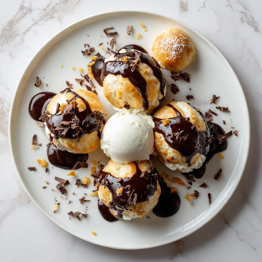 Profiteroles au chocolat maison nappées de sauce chocolat chaude, vue de dessus