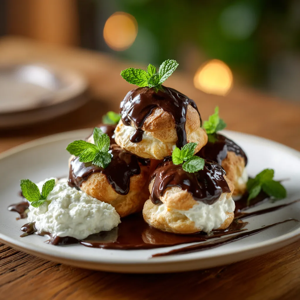 Profiteroles au chocolat maison dressées en pyramide avec sauce au chocolat et chantilly