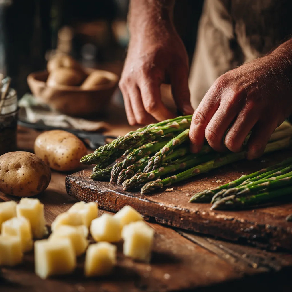 Préparation des asperges pour le velouté asperges pomme de terre, cassage des tiges à la main