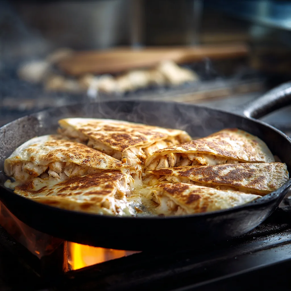 Cuisson quesadilla poulet fromage dans poêle en fonte avec fromage fondant