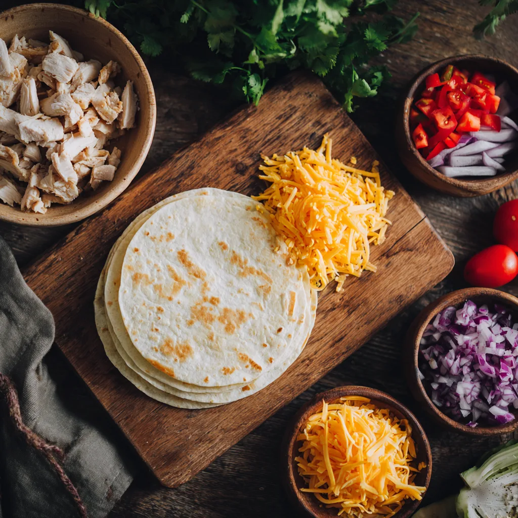 Ingrédients quesadilla poulet fromage disposés en flat lay sur marbre blanc