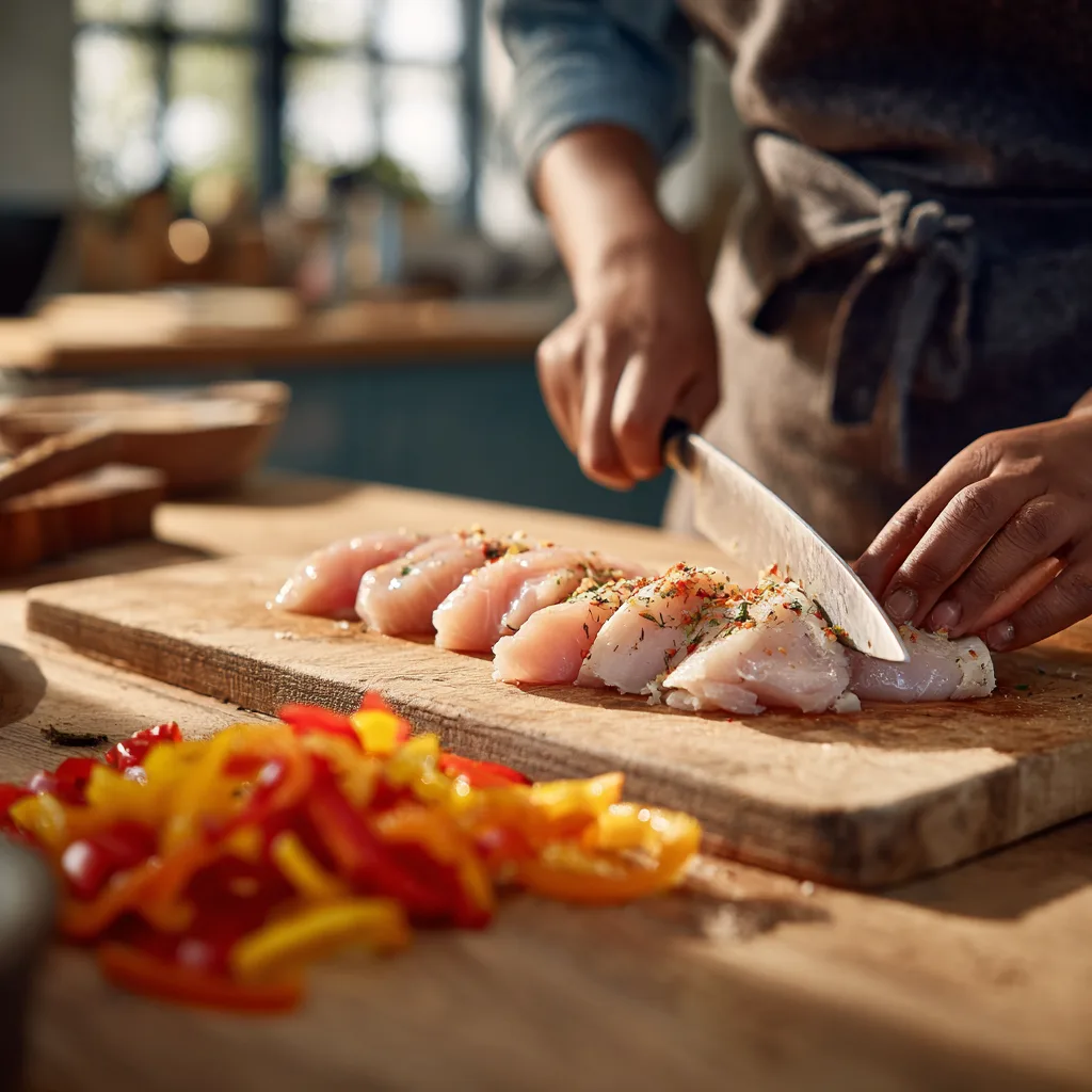 Préparation quesadilla poulet fromage découpe du poulet en lanières