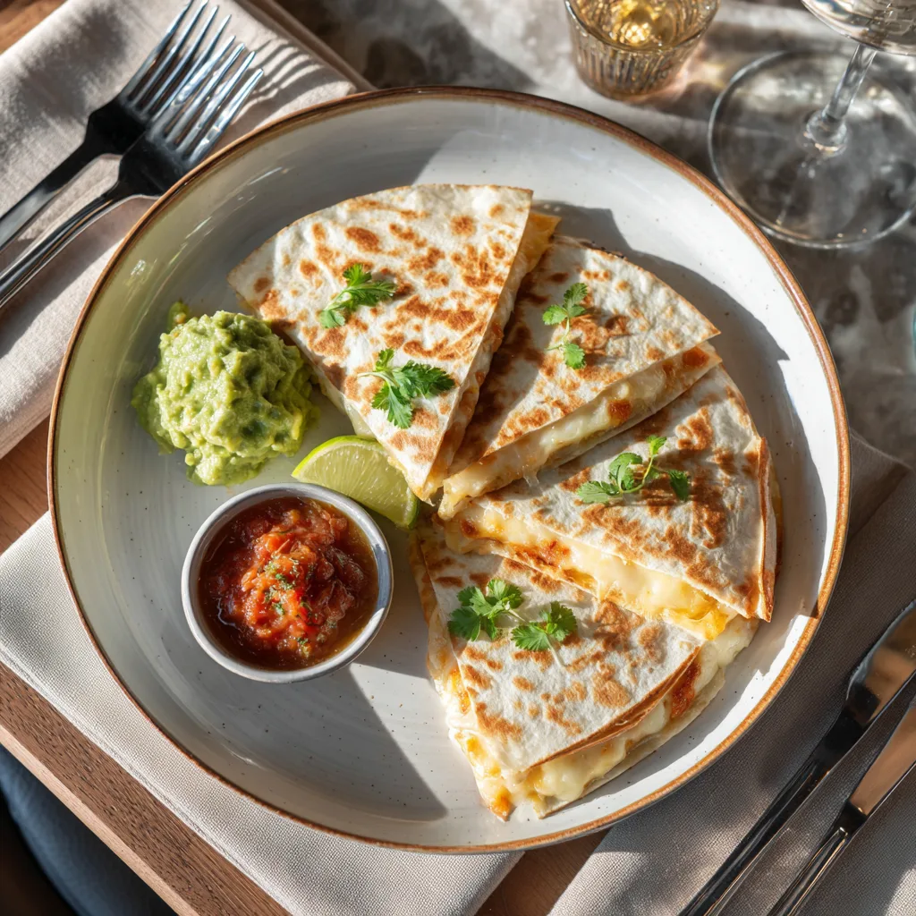 Quesadilla poulet fromage servie en assiette avec guacamole et salsa