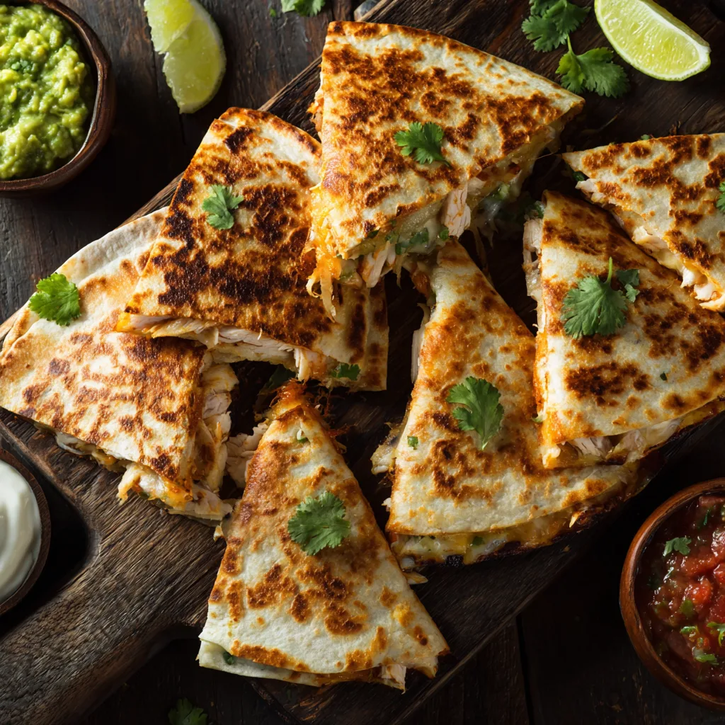 Quesadilla poulet fromage croustillante vue de dessus sur planche en bois