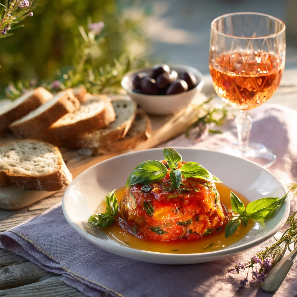 Assiette de Ratatouille Niçoise maison servie avec pain grillé et rosé de Provence
