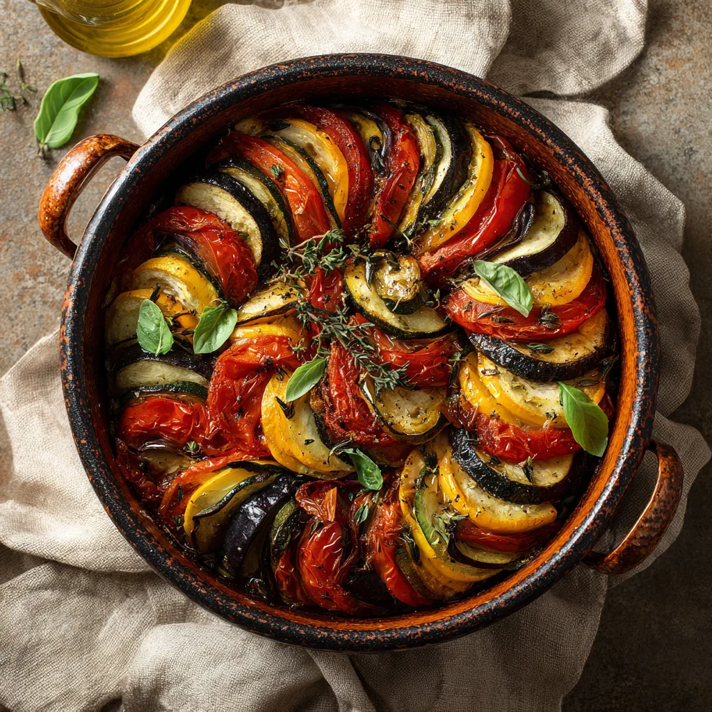 Ratatouille Niçoise authentique vue de dessus dans une cocotte en fonte