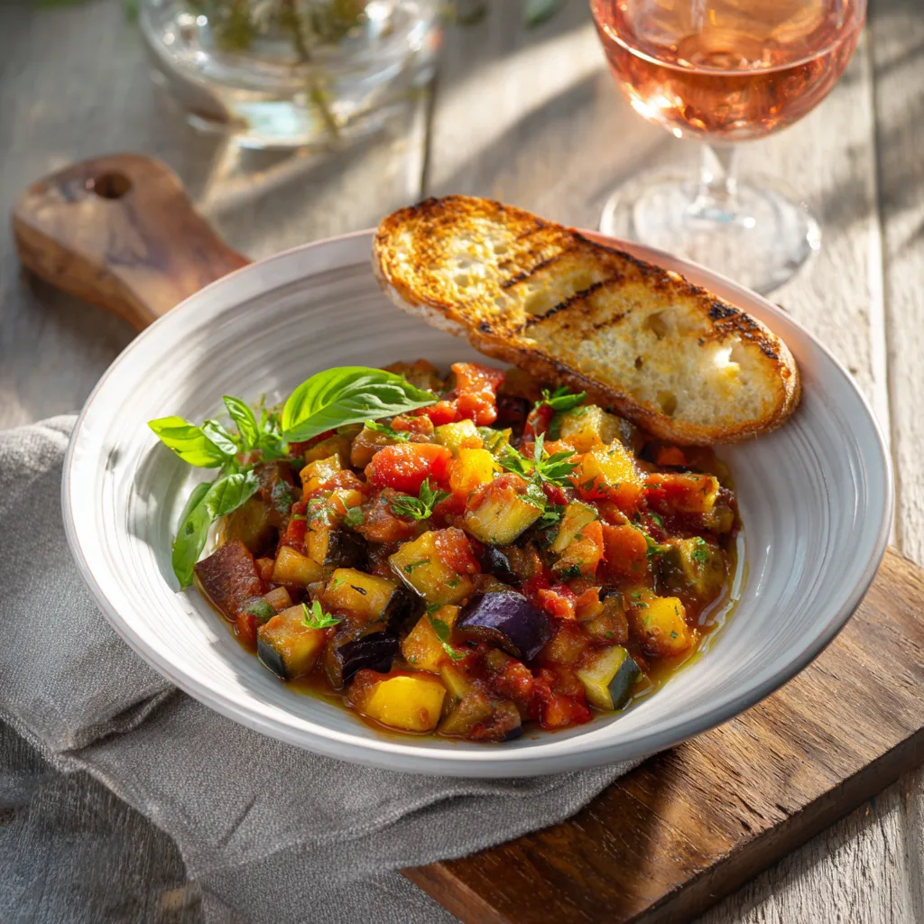 Ratatouille provençale maison servie en assiette avec pain grillé