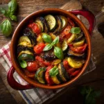 1 Ratatouille provençale maison dans une cocotte en fonte rouge vue de dessus