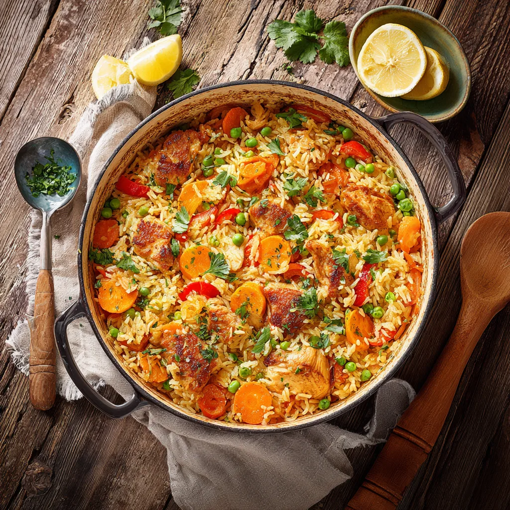 Riz aux légumes et poulet vue de dessus dans une cocotte en fonte