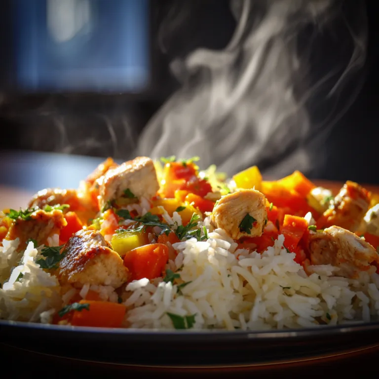 Gros plan riz aux légumes et poulet texture grains et morceaux