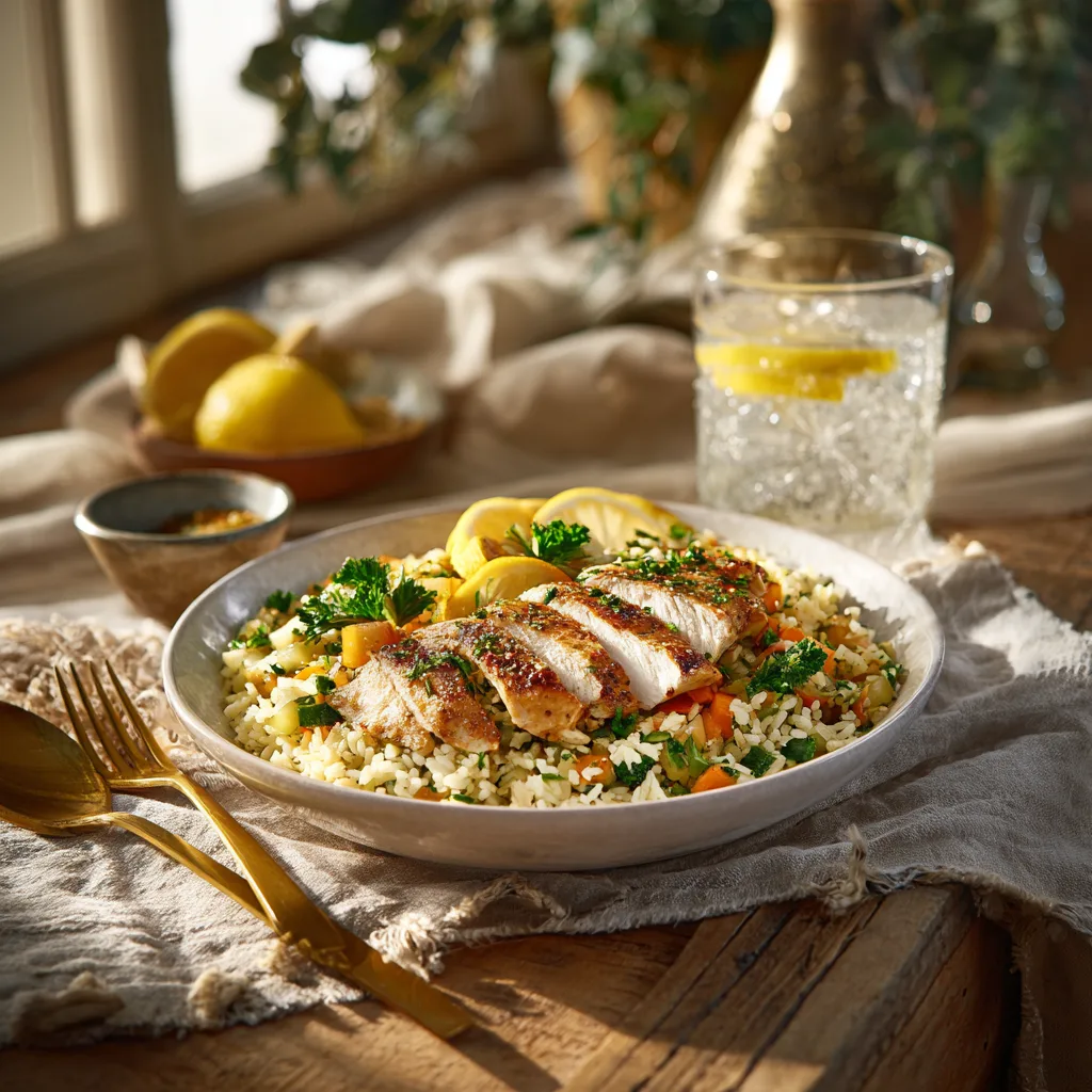 Riz aux légumes et poulet servi dans une belle assiette blanche dressée