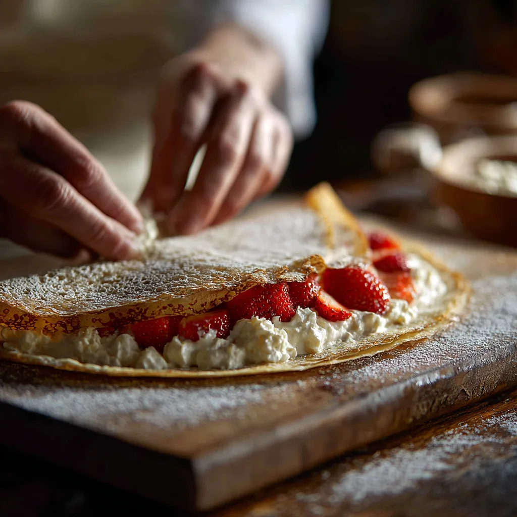 Roulage des crêpes fraises chantilly étape par étape maison