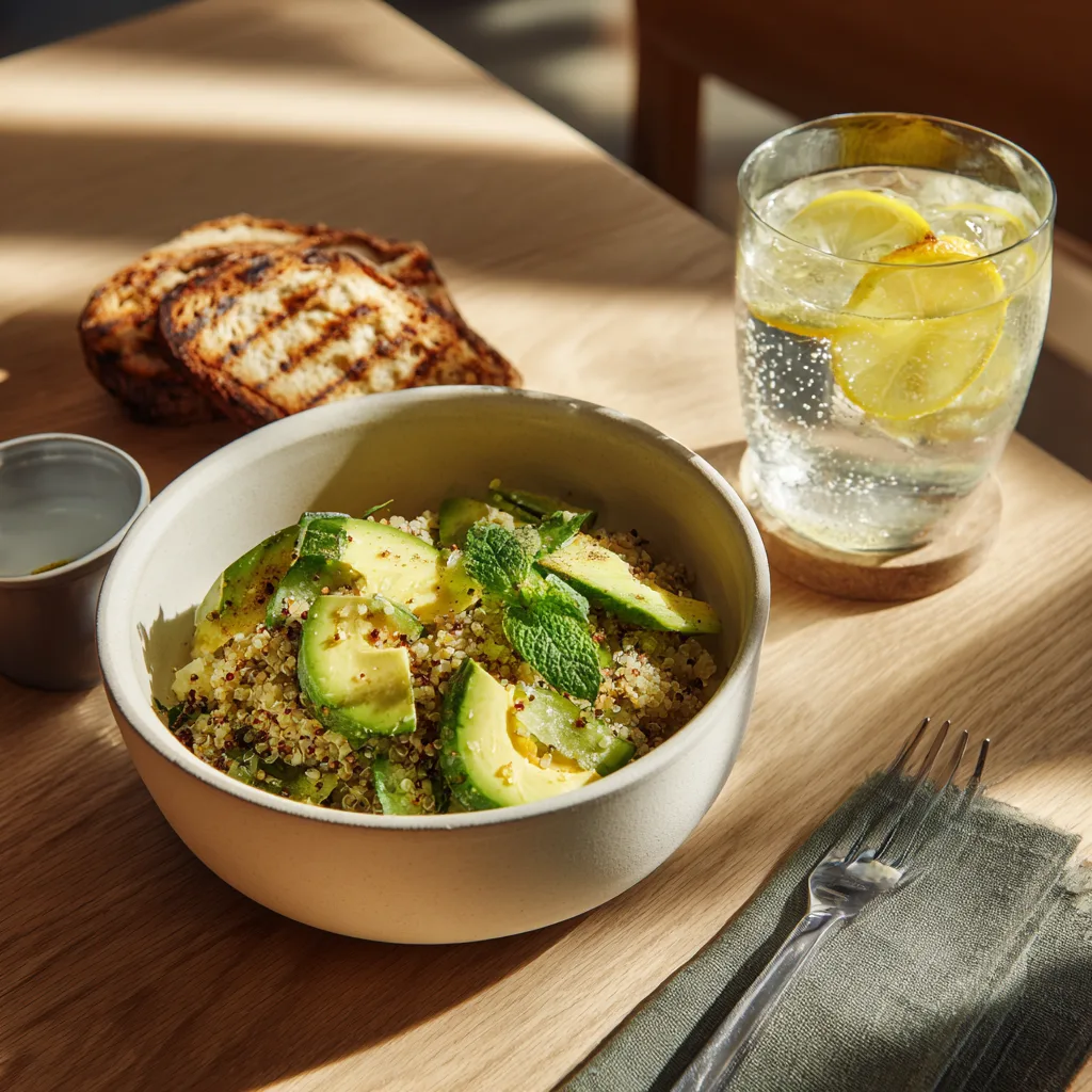 Salade quinoa avocat présentée dans un bol en céramique sur table en bois