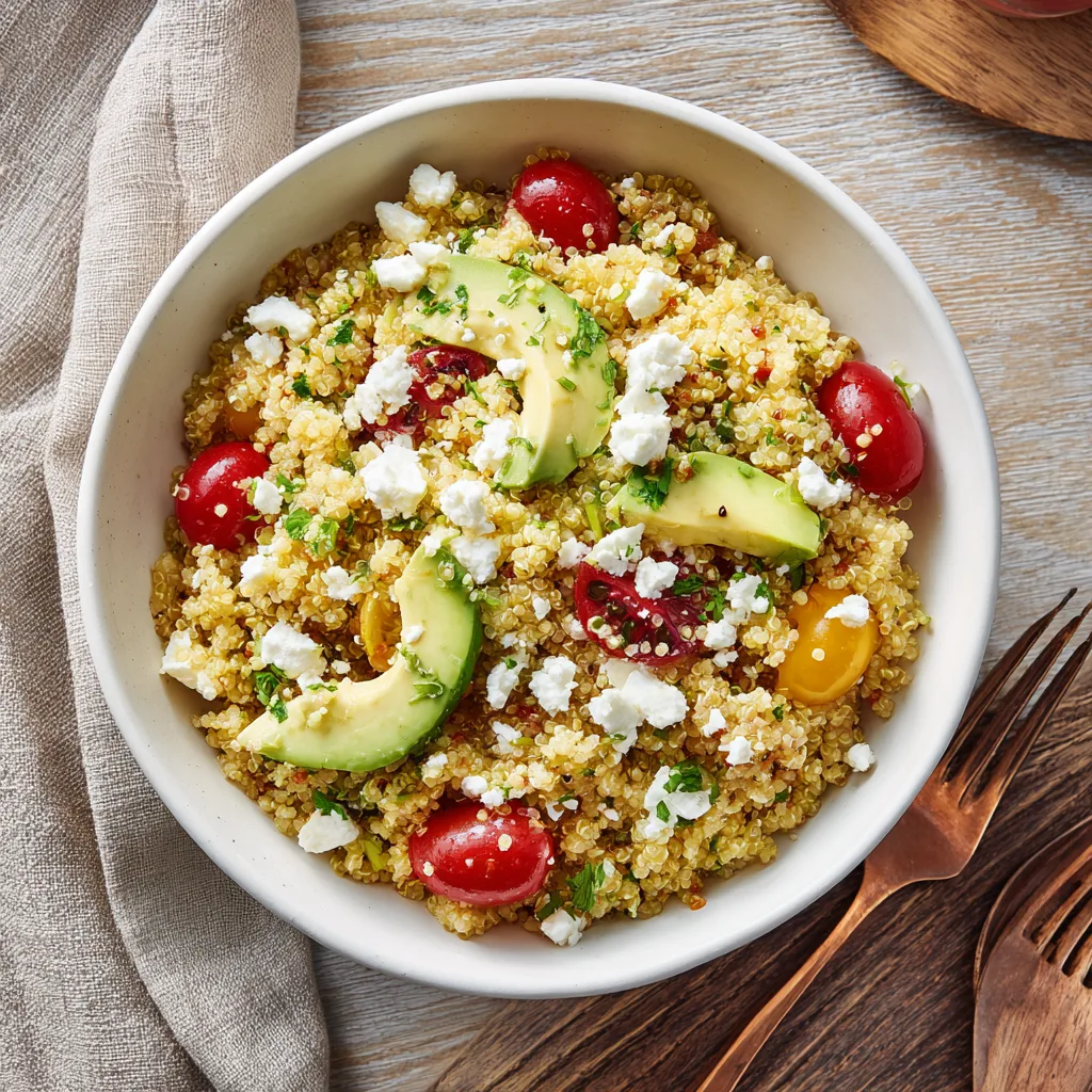 Salade quinoa avocat vue de dessus dans un grand saladier blancUne belle salade quinoa avocat colorée et fraîche, prête à déguster