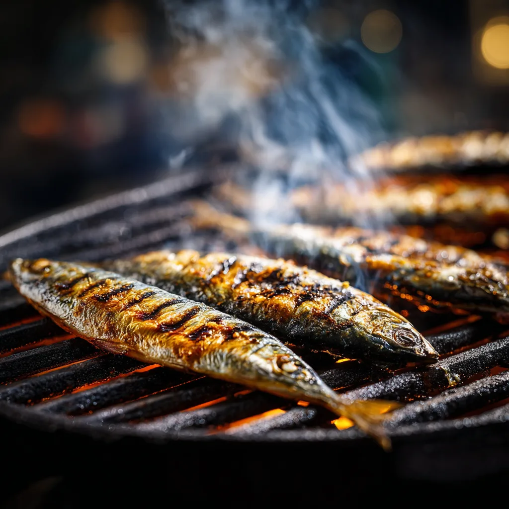 Sardines grillées en train de cuire sur un gril en fonte avec marques dorées