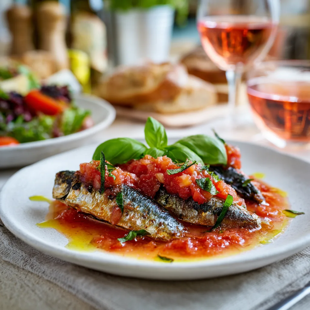 Assiette de sardines grillées sauce vierge aux tomates dressée pour le dîner