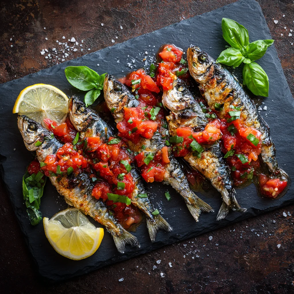 Sardines grillées sauce vierge aux tomates servies sur une ardoise rustique