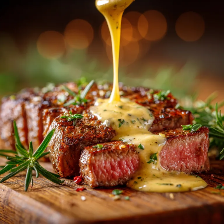 Gros plan sauce béarnaise maison coulant sur steak frites, texture onctueuse et dorée