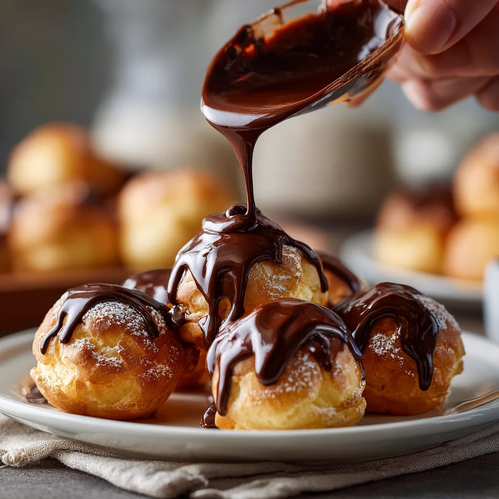 Sauce au chocolat chaude versée sur des choux dorés pour faire des profiteroles