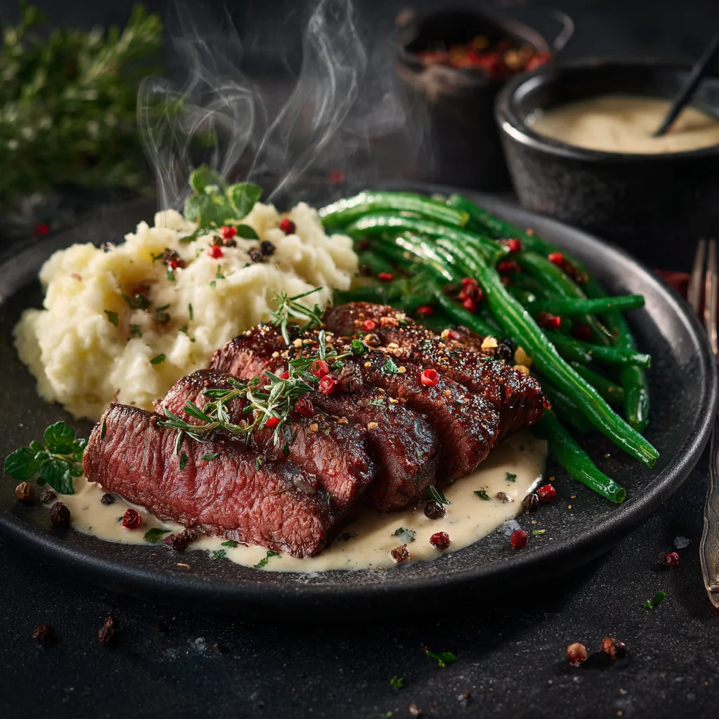 Steak de bœuf au poivre sauce échalotes crémeuse servi avec haricots verts et purée