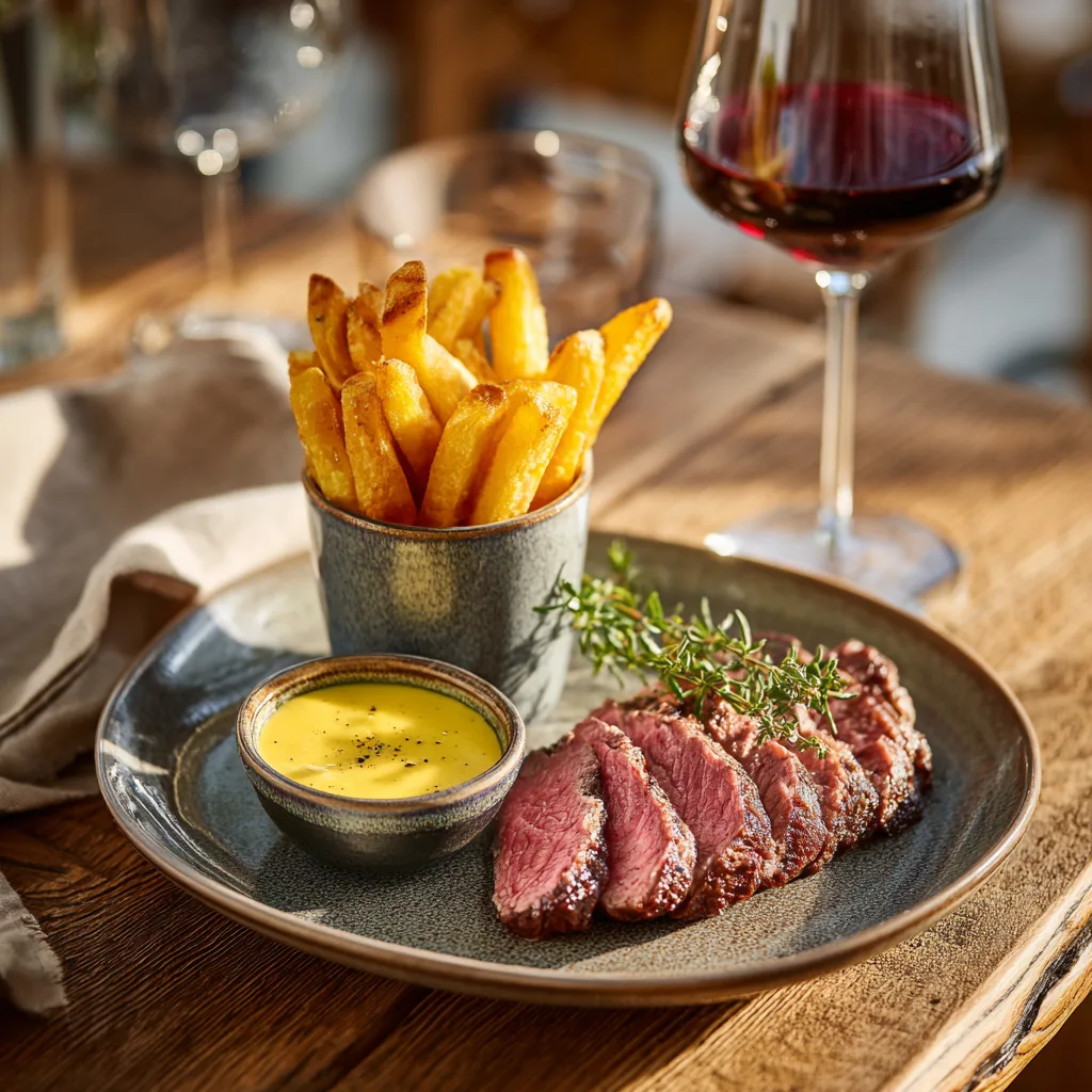 Steak frites sauce béarnaise maison dressé sur table bistrot parisien, recette française gourmande
