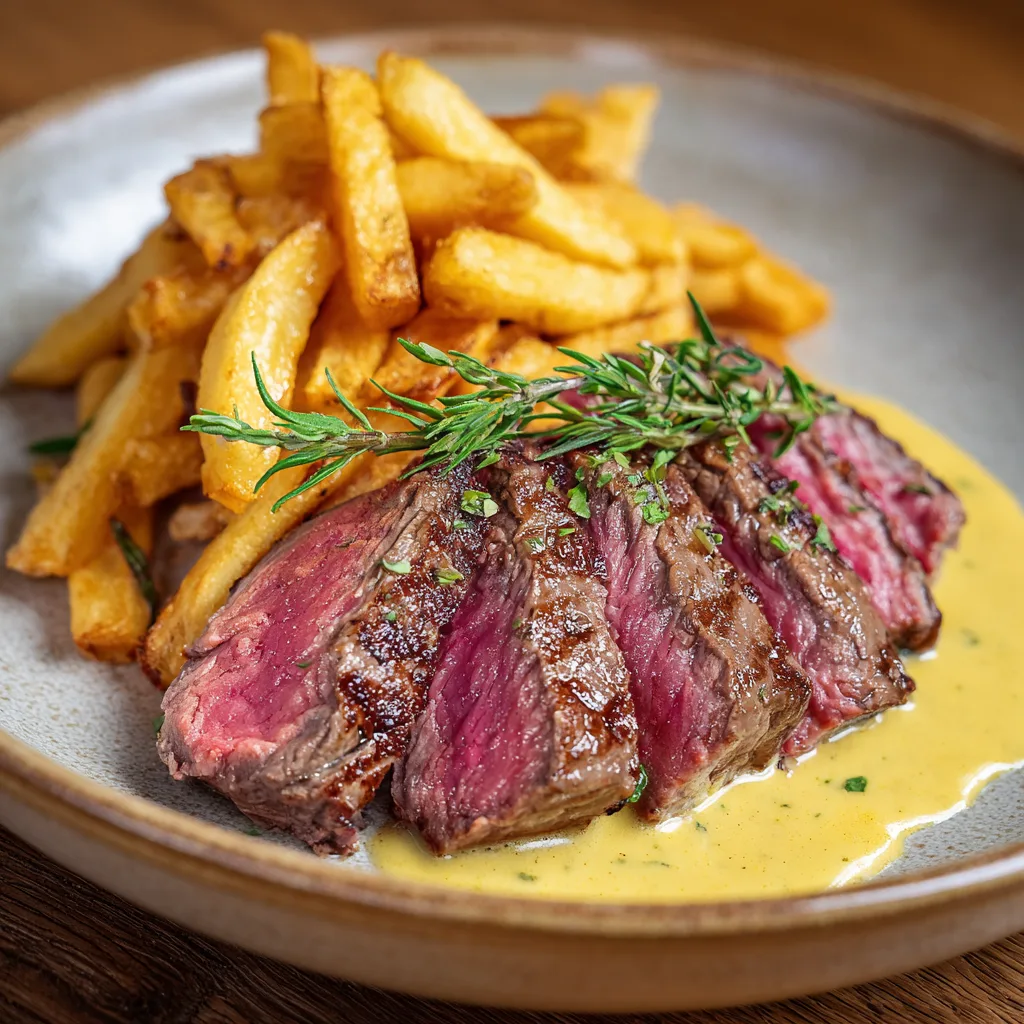 Steak frites sauce béarnaise maison vue de dessus, plat complet style bistrot français