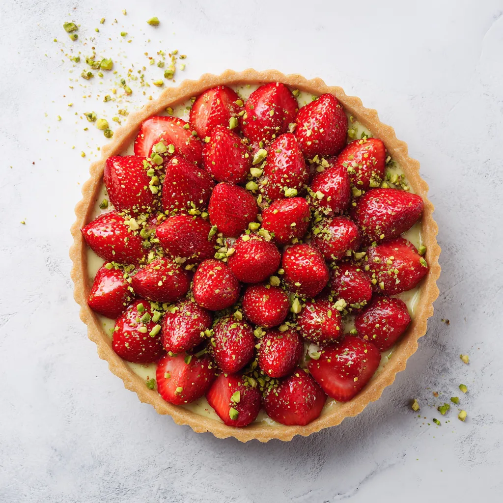 Tarte aux fraises et pistache vue de dessus sur marbre blanc