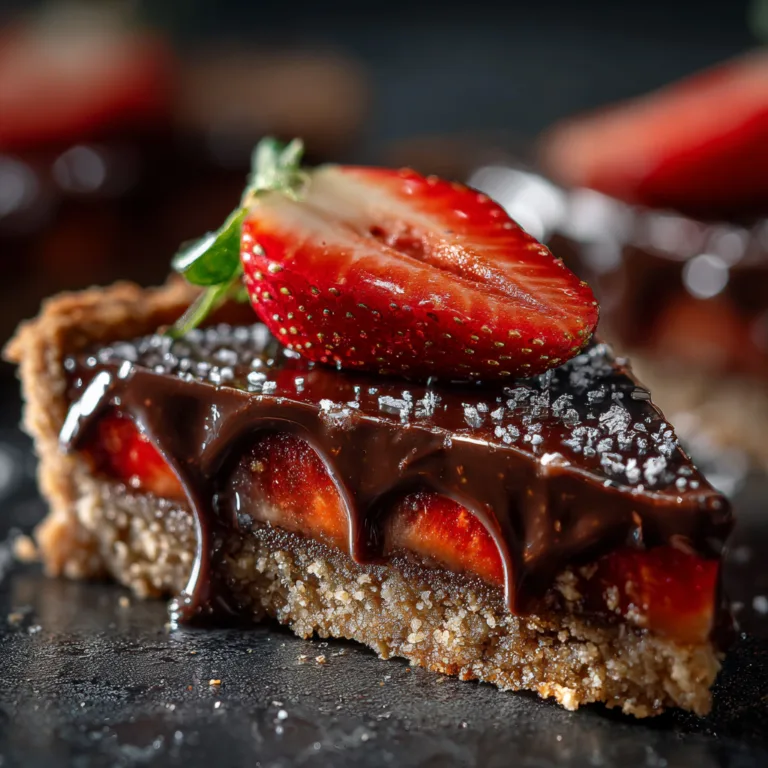 Gros plan part de tarte chocolat fraises montrant les couches de ganache et pâte sablée