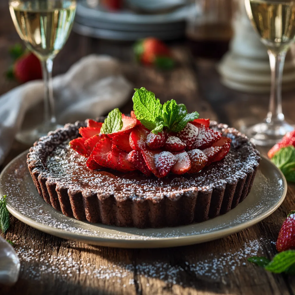 Tarte chocolat fraises finalisée avec décoration de fraises fraîches sur table en bois