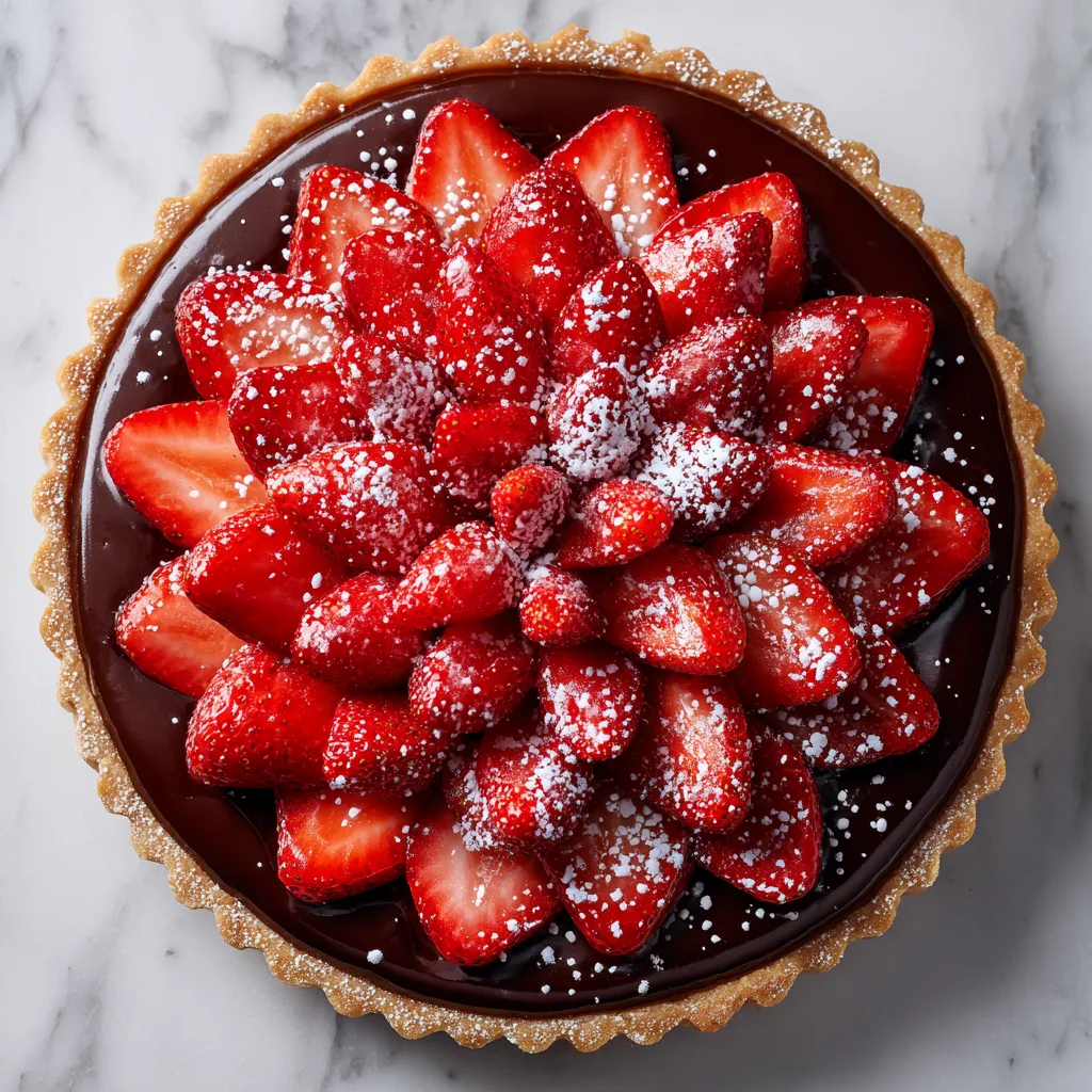 Tarte chocolat fraises vue de dessus avec ganache et fraises fraîches