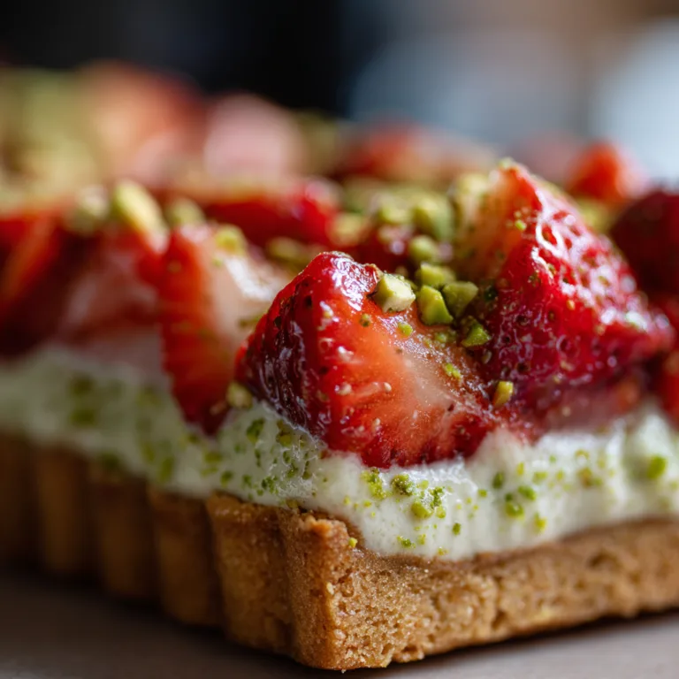 Gros plan sur une part de tarte aux fraises et pistache