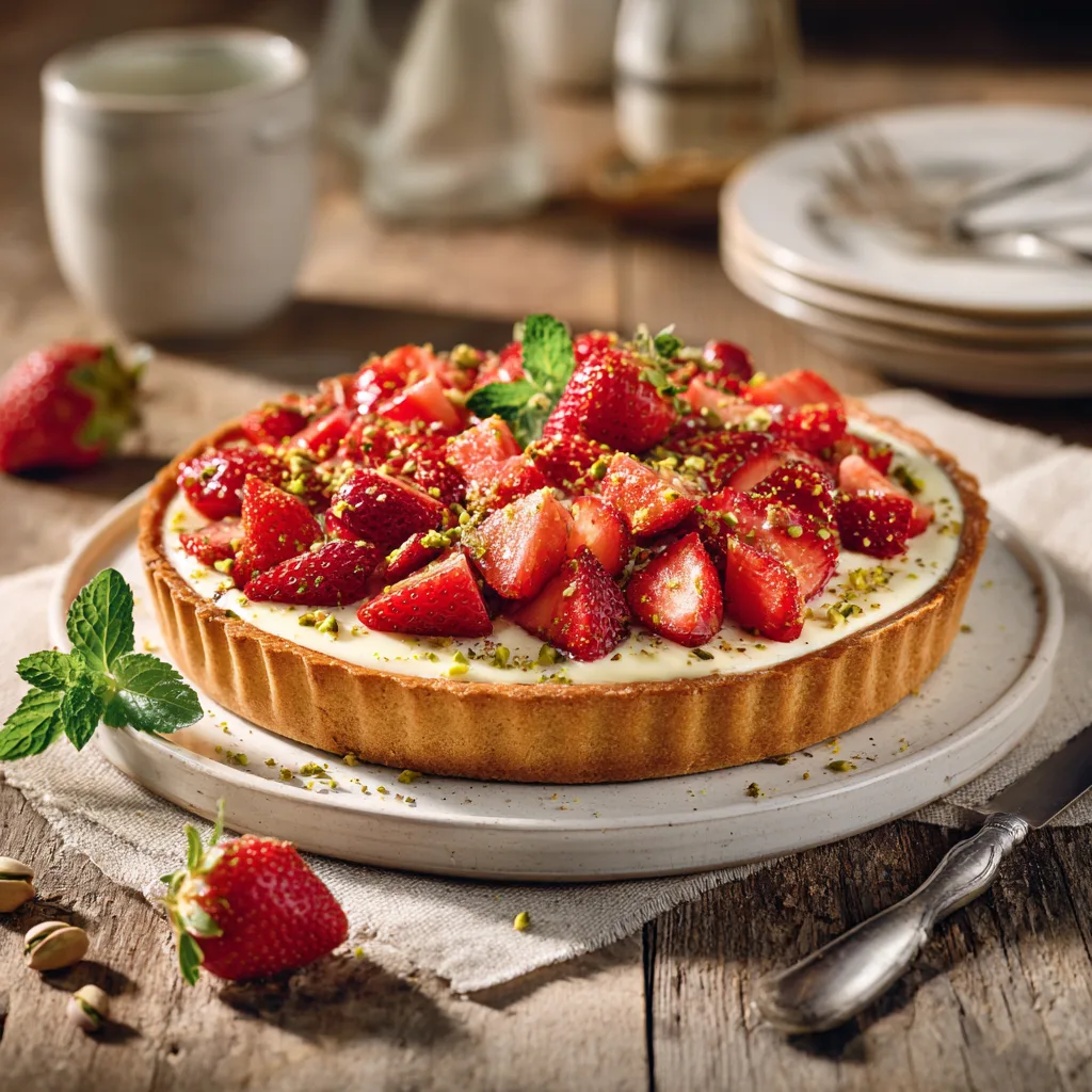Tarte aux fraises et pistache sur table en bois avec décoration rustique
