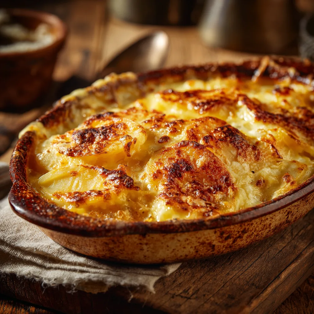 Tartiflette au Reblochon gratinée et crémeuse vue de dessus dans un plat rustique
