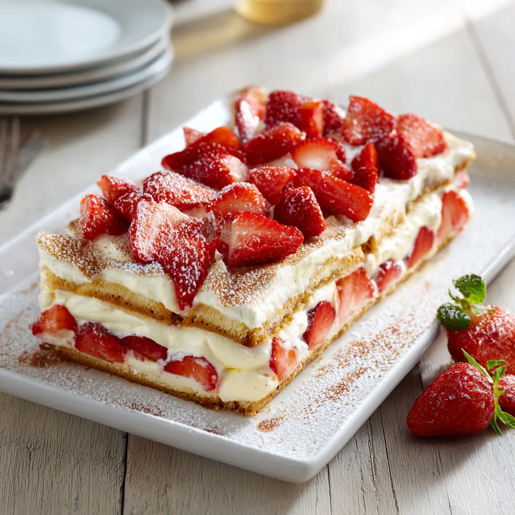 Tiramisu fraises mascarpone vue de dessus dans un plat familial