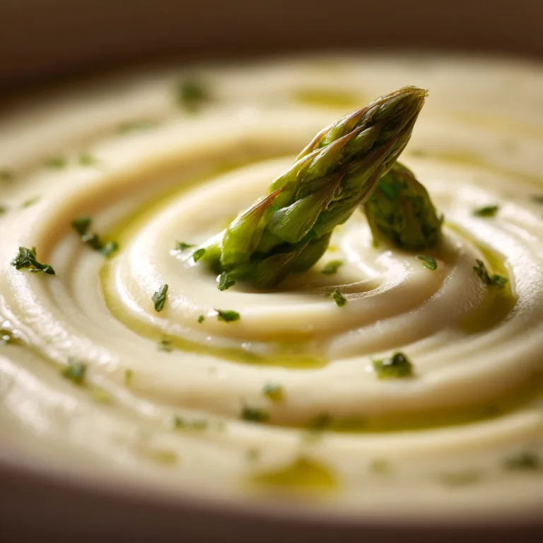 Gros plan sur la texture crémeuse et soyeuse du velouté asperges pomme de terre