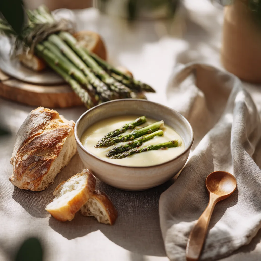 Velouté asperges pomme de terre servi élégamment sur une table dressée avec pain croustillant