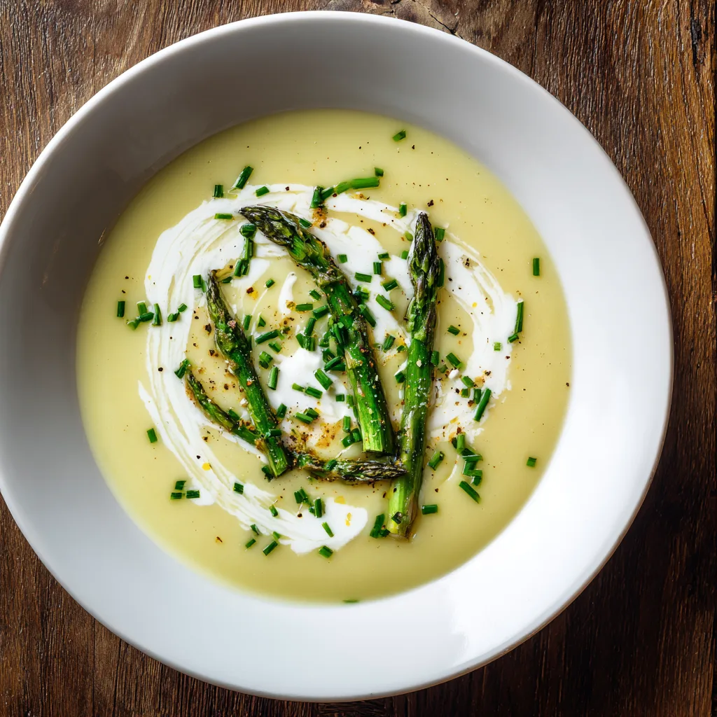 Velouté asperges pomme de terre vue de dessus dans un bol blanc avec garniture de ciboulette