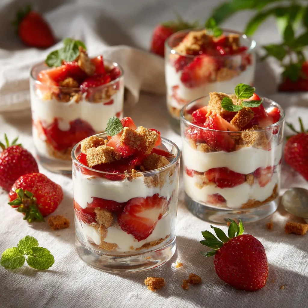 Verrine fraise mascarpone vue de dessus avec couches crème et spéculoos