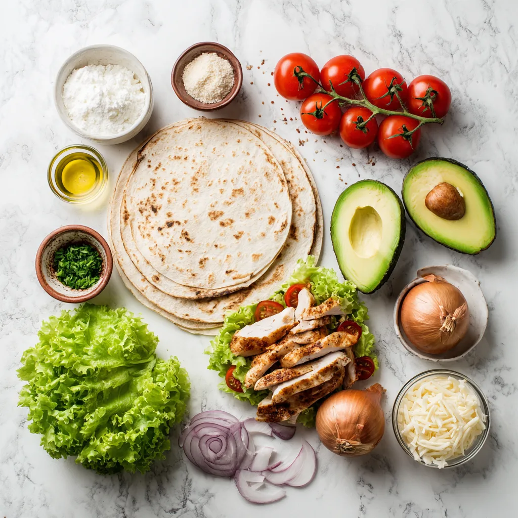 Ingrédients wrap poulet croustillant disposés à plat sur marbre