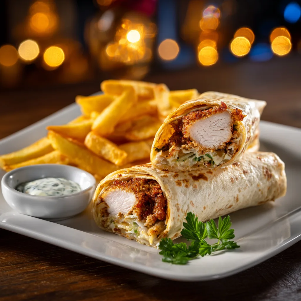 	Wrap poulet croustillant maison servi avec frites et sauce