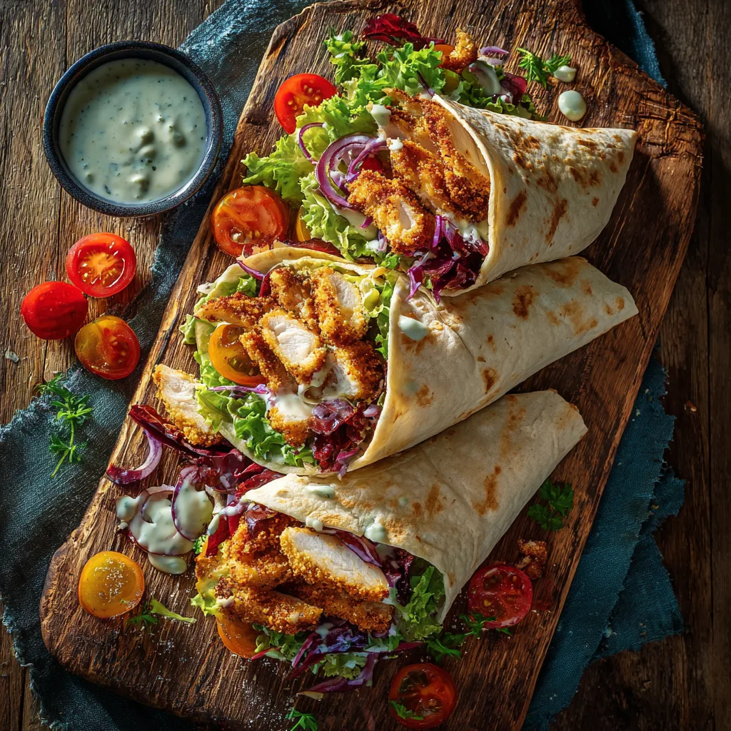 Wrap poulet croustillant maison vu de dessus sur planche en bois