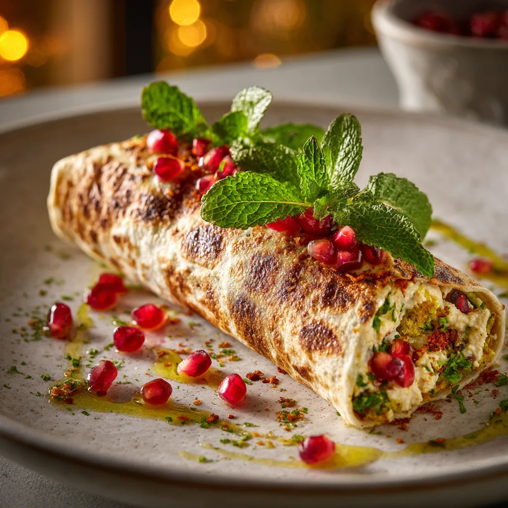 Wraps falafel houmous légumes grillés plat final présentation soignée