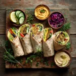 Wraps falafel houmous et légumes grillés vue de dessus sur planche en bois